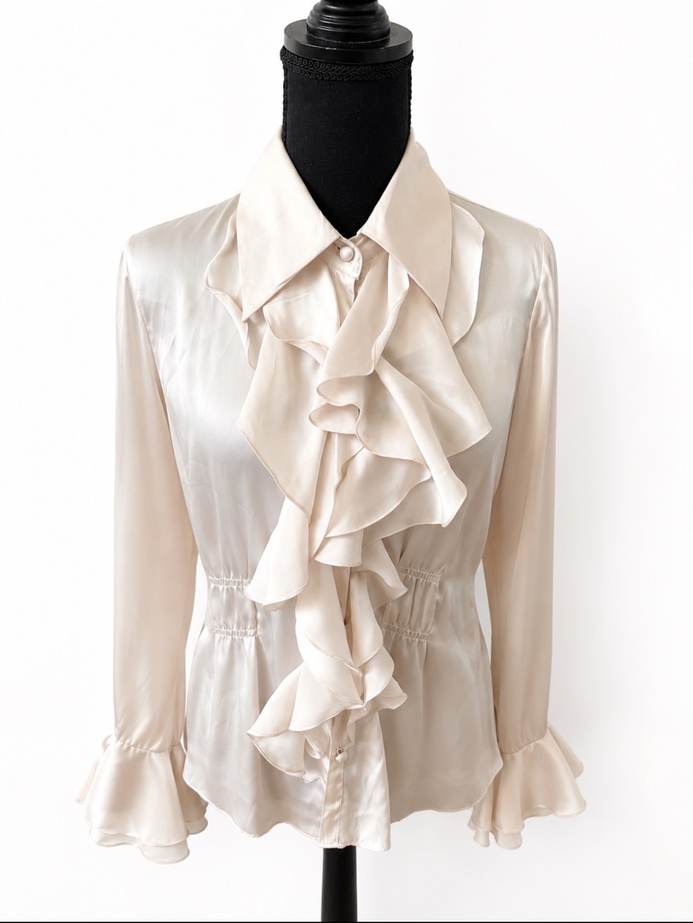 CAbi Ivory Cascading Ruffle Tie-Waist Blouse Size M